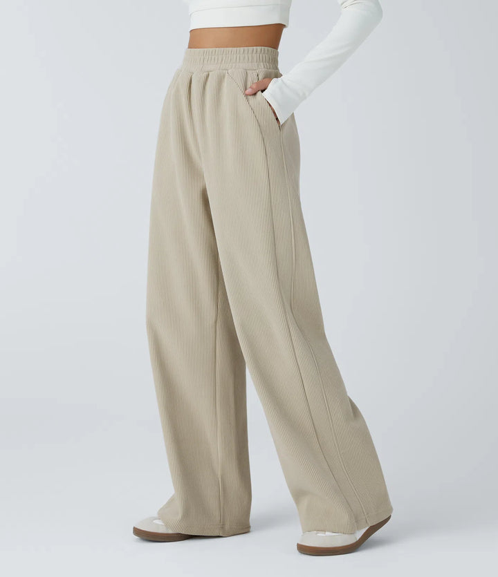 High Waisted Pocket Straight Leg Mop Corduroy Casual Trousers
