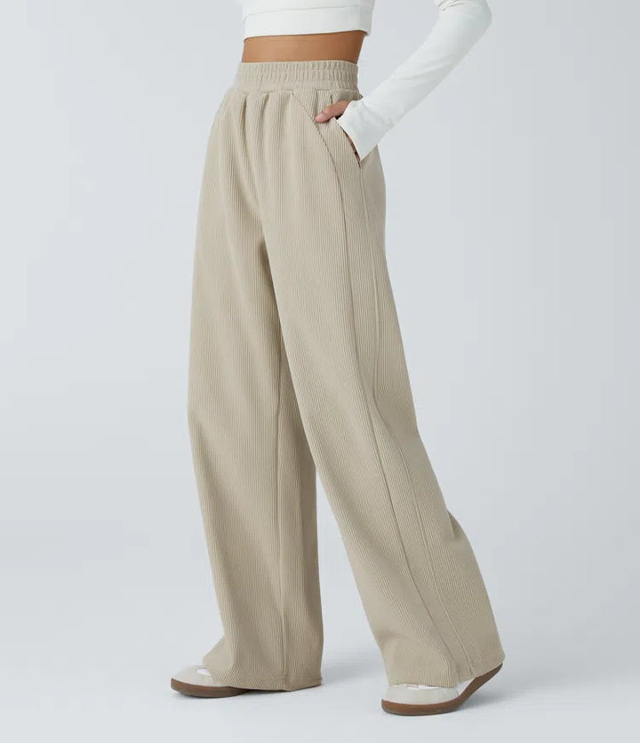 High Waisted Pocket Straight Leg Mop Corduroy Casual Trousers