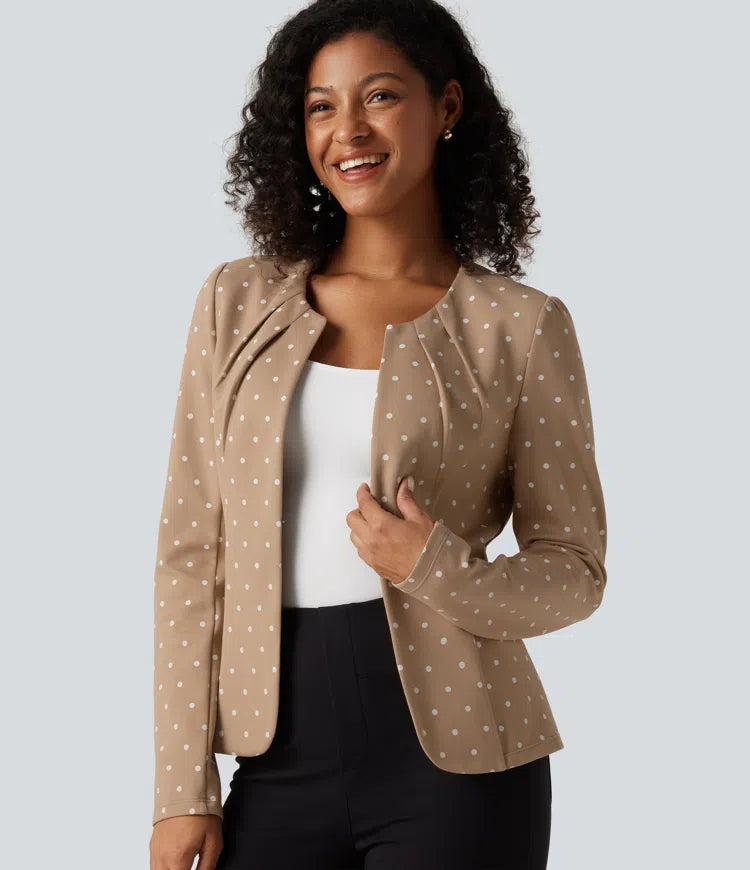 Round Neck Curved Hem Polka Dot Long Sleeve Work Blazer