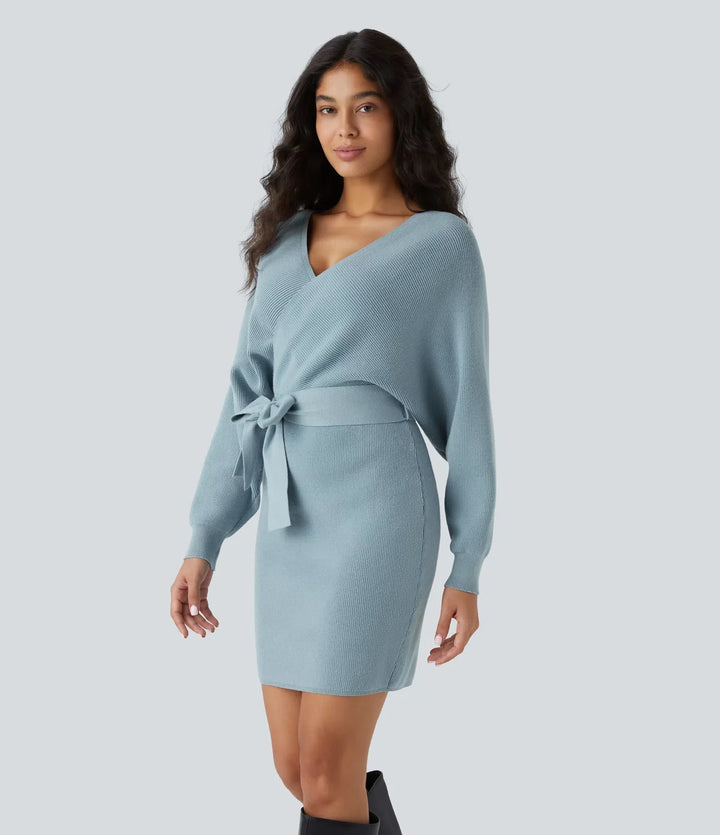 Crossover V Neck  Batwing Long Sleeve Belted Mini Casual Jumper Dress