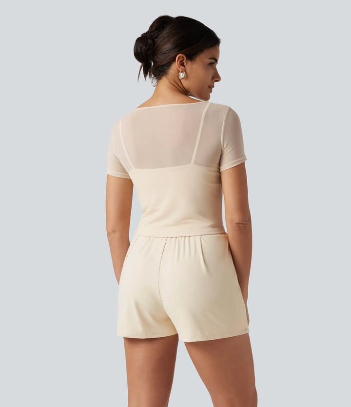 SoftlyZero Plush Boat Neck Built-in Bra Contrast Mesh Short Sleeve Party Romper with Pockets-Easy Peezy Edition