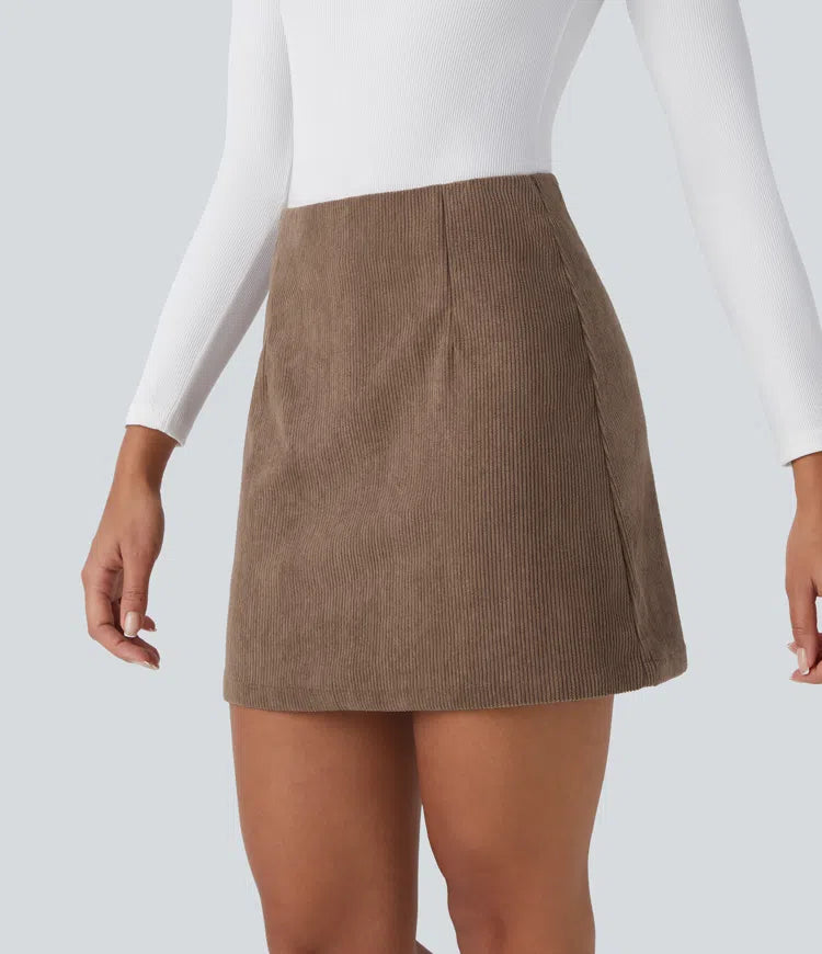 High Waisted Invisible Zipper 2-in-1 A Line Mini Corduroy Casual Skirt-Longer Length