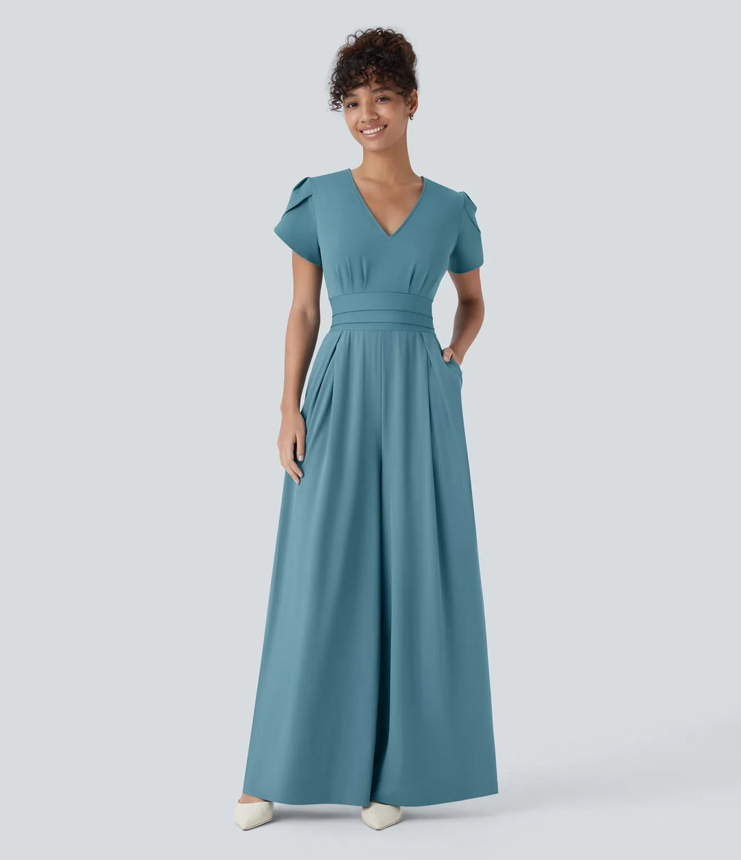 Breezeful V Neck Petal Sleeve Pocket Wide Leg Flowy Quick Dry Work Jumpsuit