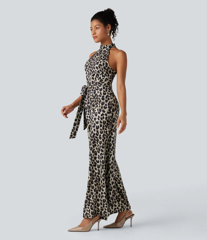 Halter Sleeveless Belted Leopard Party Jumpsuit with Pockets