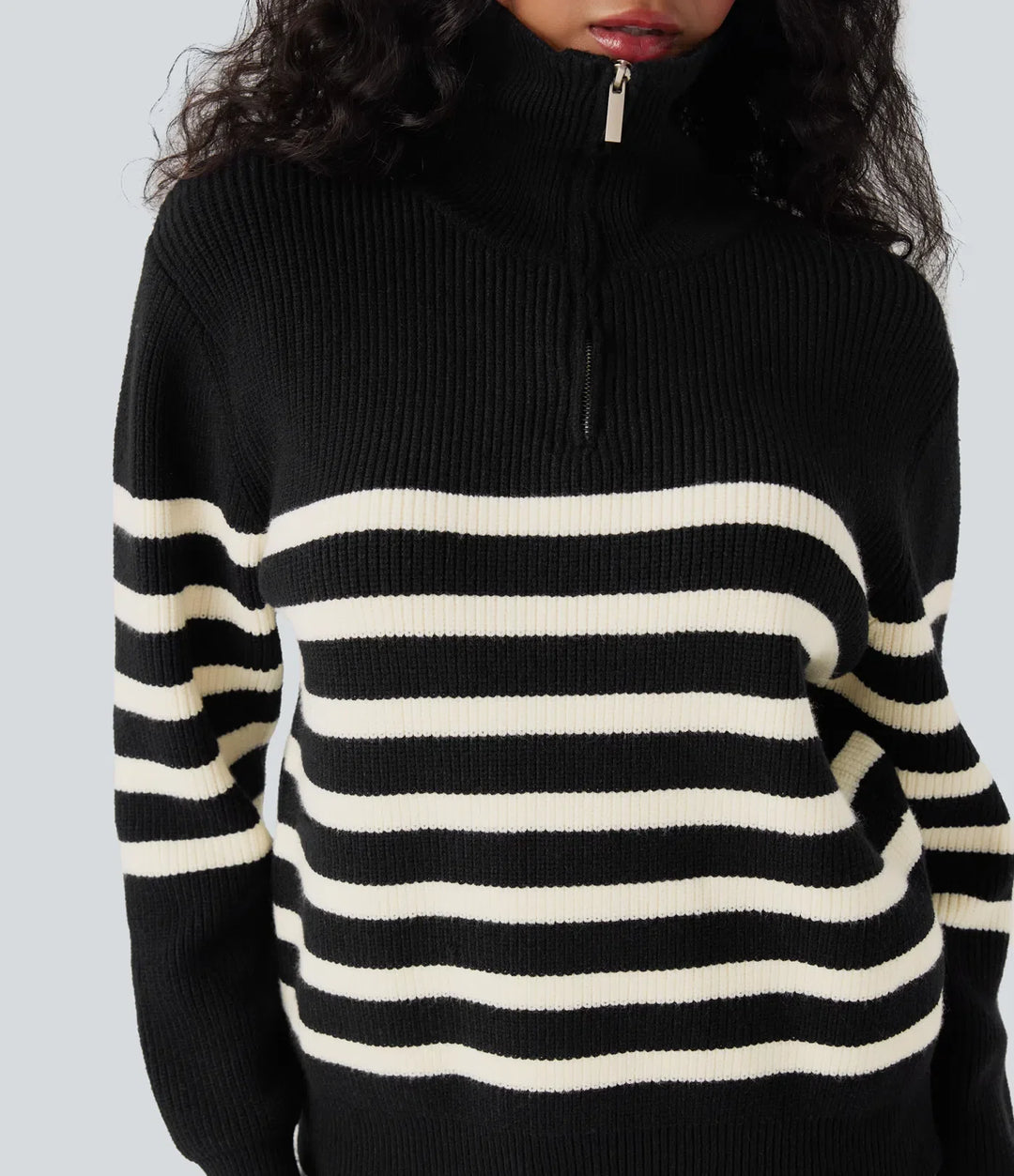 Half Zip Lapel Color Block Striped Casual Jumper