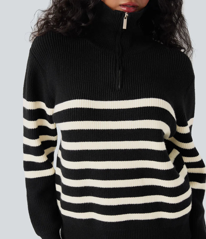 Half Zip Lapel Color Block Striped Casual Jumper