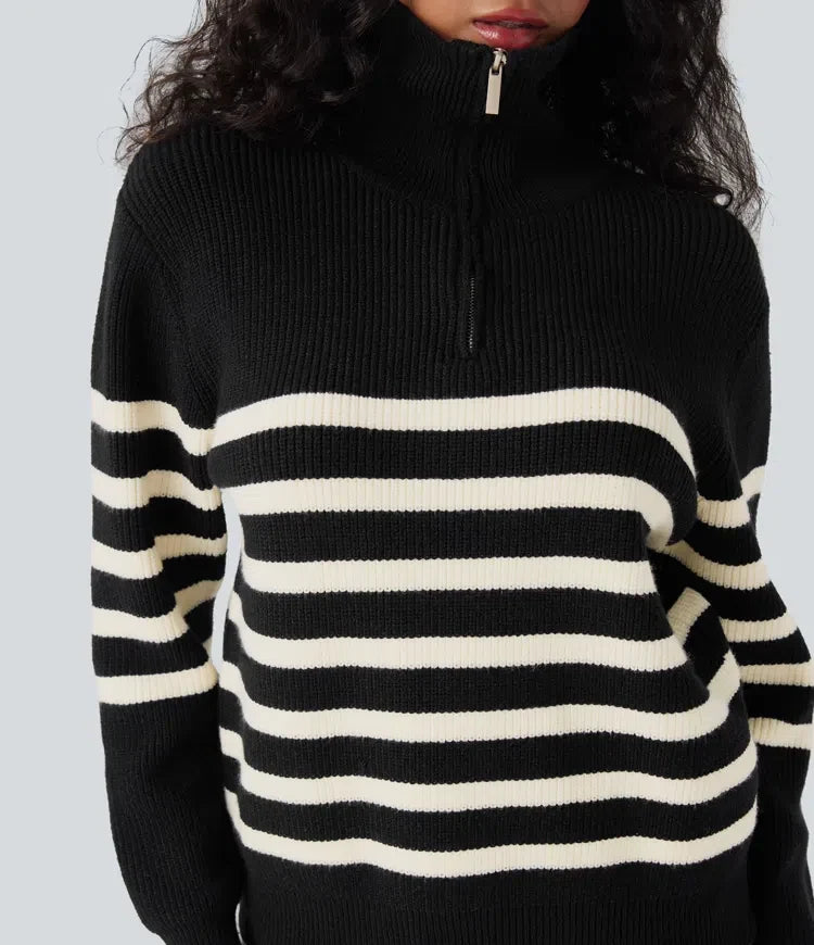 Half Zip Lapel Color Block Striped Casual Jumper