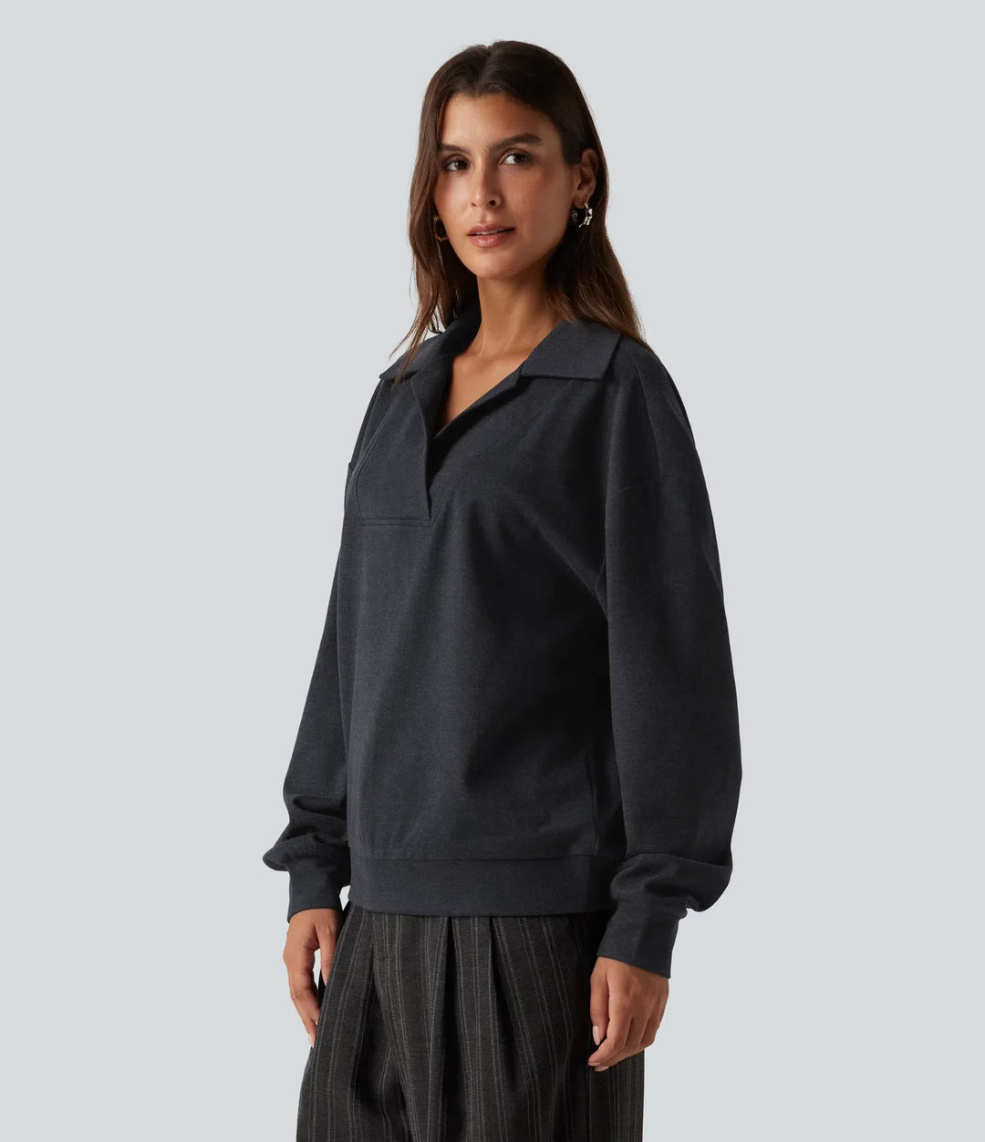 V Neck Dropped Shoulder Long Sleeve Casual Sweatshirt
