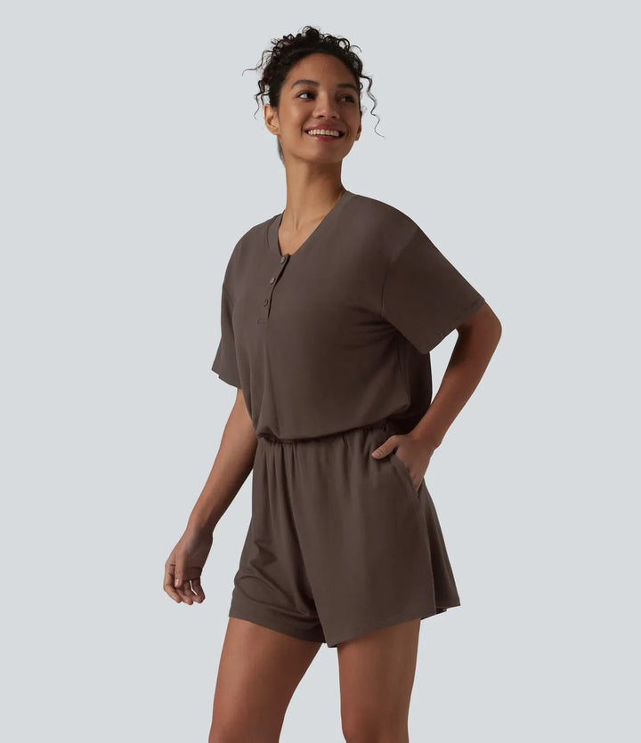 Henley Short Sleeve Casual Romper with Pockets-Easy Peezy