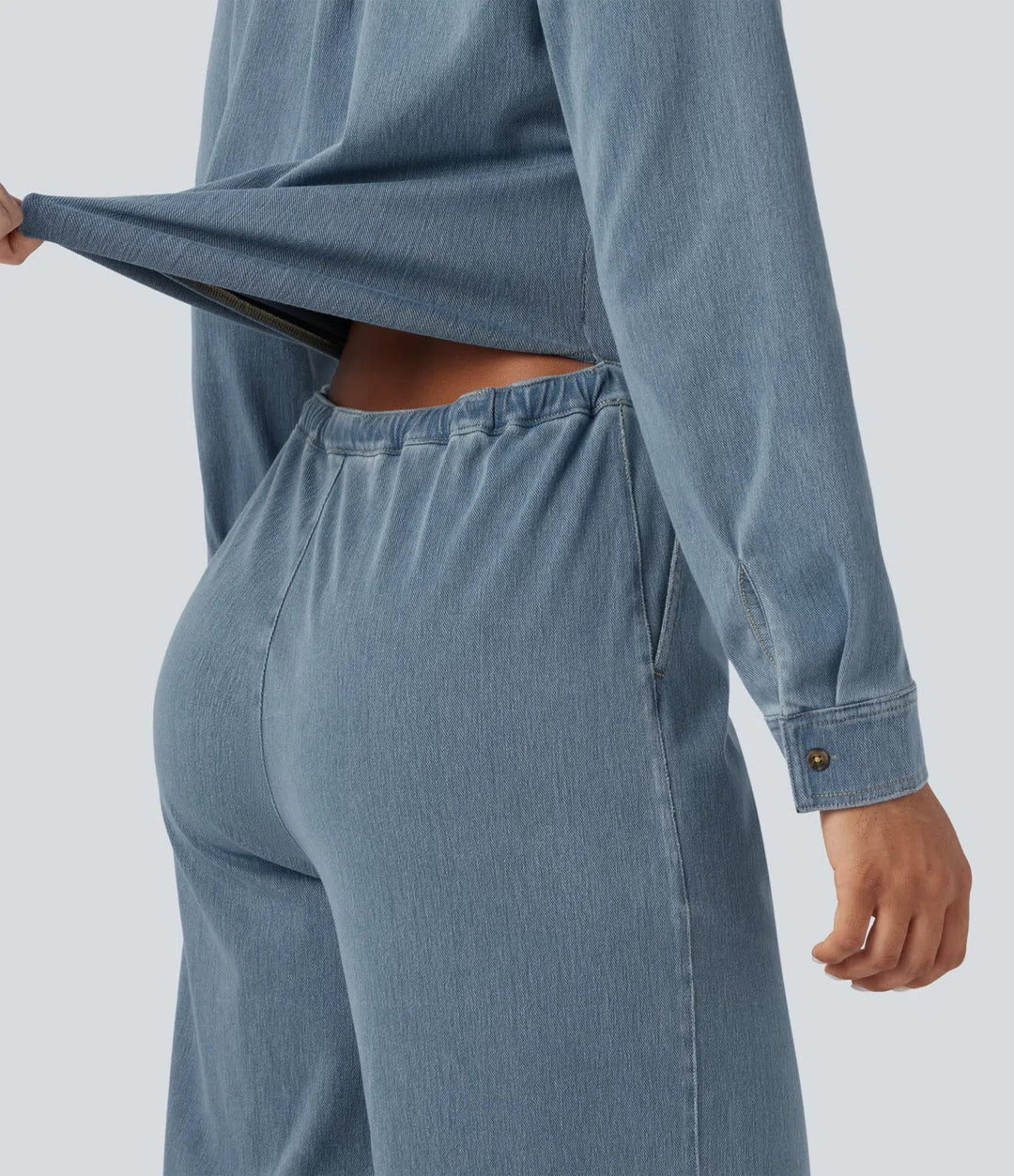 Halara Flex Long Sleeve Drawstring Wide Leg Washed Denim Casual Jumpsuit with Pockets-Easy Peezy Edition