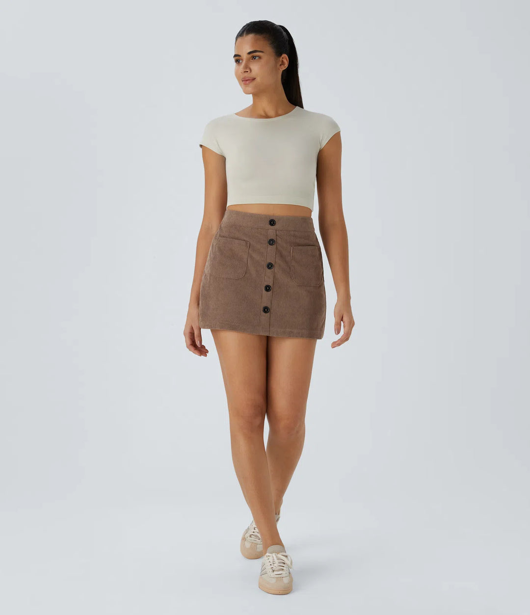 High Waisted Button Front Side Pocket Zipper 2-in-1 Corduroy Mini Casual Skirt