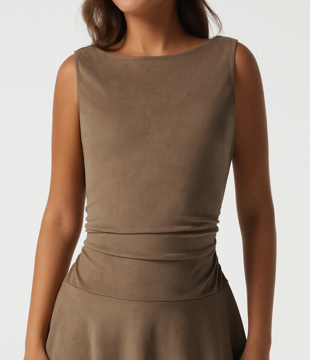 Boat Neck Sleeveless A Line Tiered Suede Mini Casual Dress