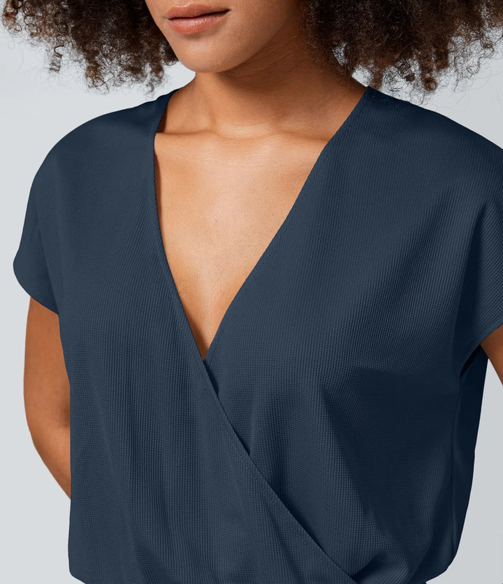 V Neck Short Sleeve Side Pocket Wide Leg Flowy Waffle Casual Jumpsuit