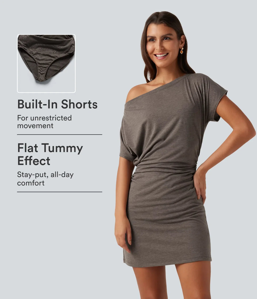 One Shoulder Short Sleeve Ruched Tummy Control 2-in-1 Mini Casual Dress