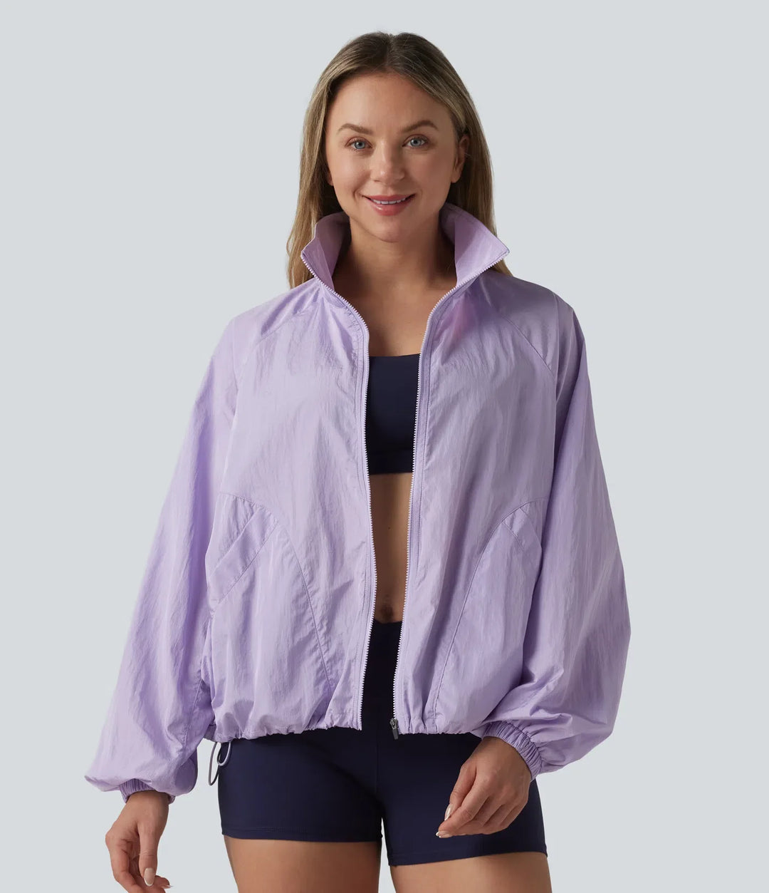 Durable Water Repellent Stand Collar Long Sleeve Zipper Workout Jacket with Pockets