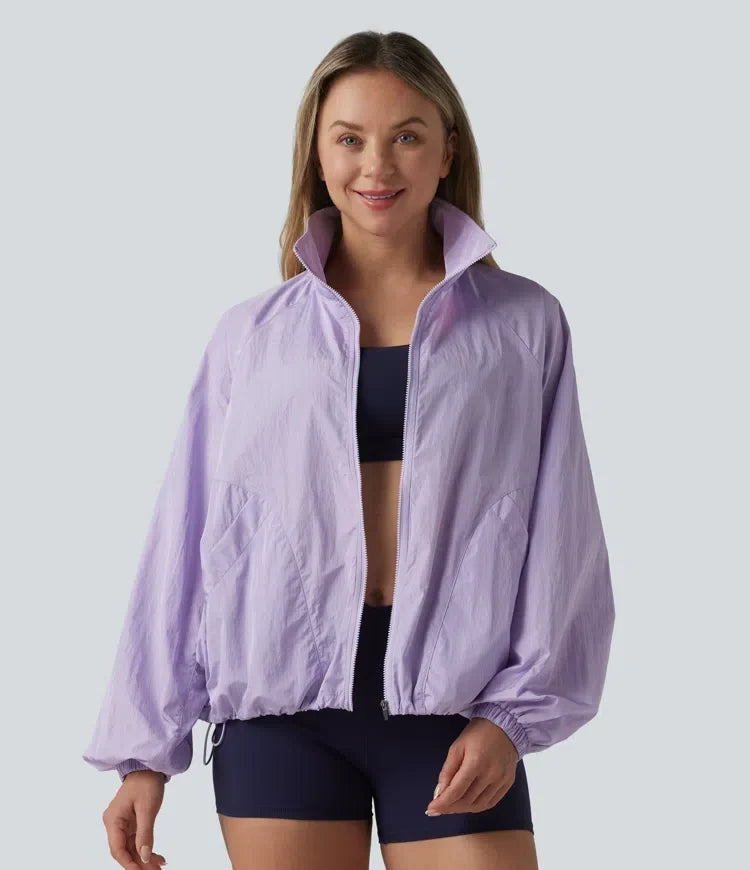 Durable Water Repellent Stand Collar Long Sleeve Zipper Workout Jacket with Pockets