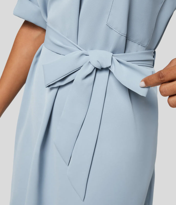 Collared Roll Up Sleeve Belted Relaxed Work Shirt Dress