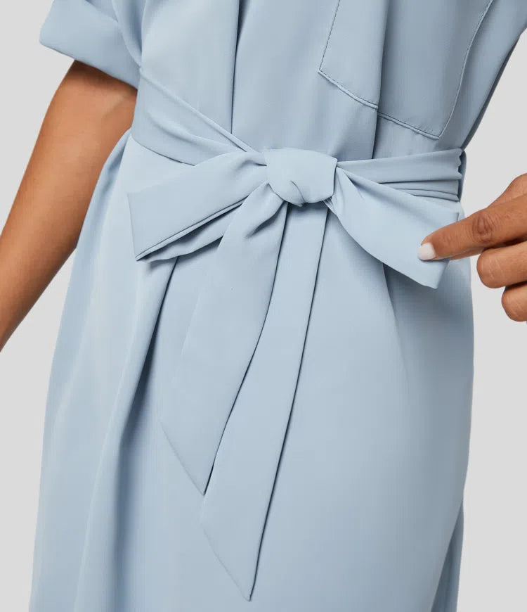 Collared Roll Up Sleeve Belted Relaxed Work Shirt Dress