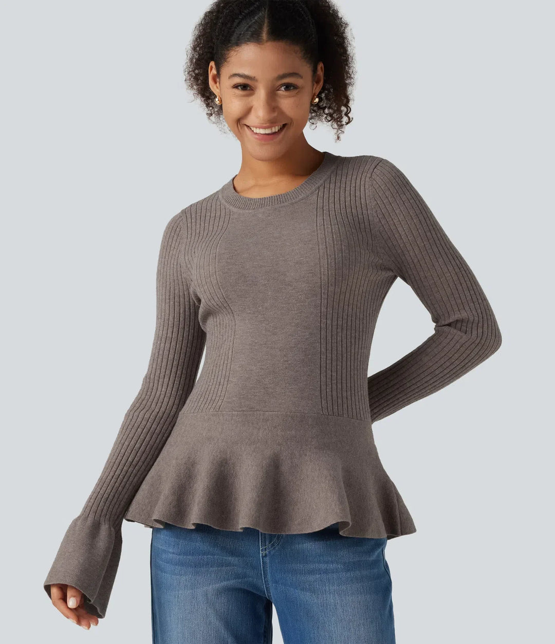 Round Neck Long Sleeve Ruffle Hem Slim Work Jumper