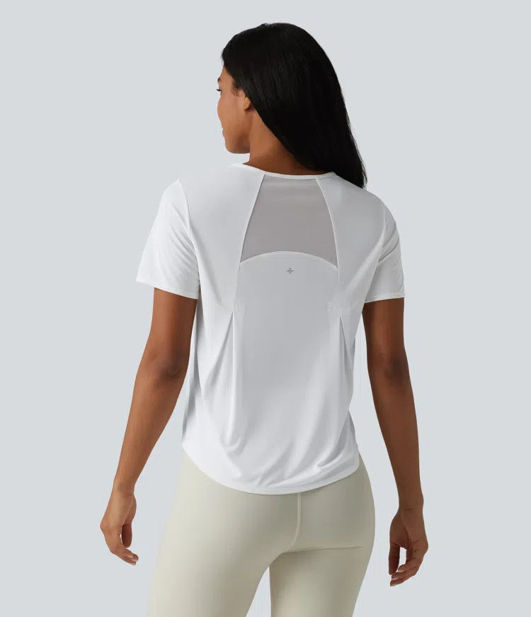 Round Neck Short Sleeve Contrast Mesh Curved Hem Running Sports Top