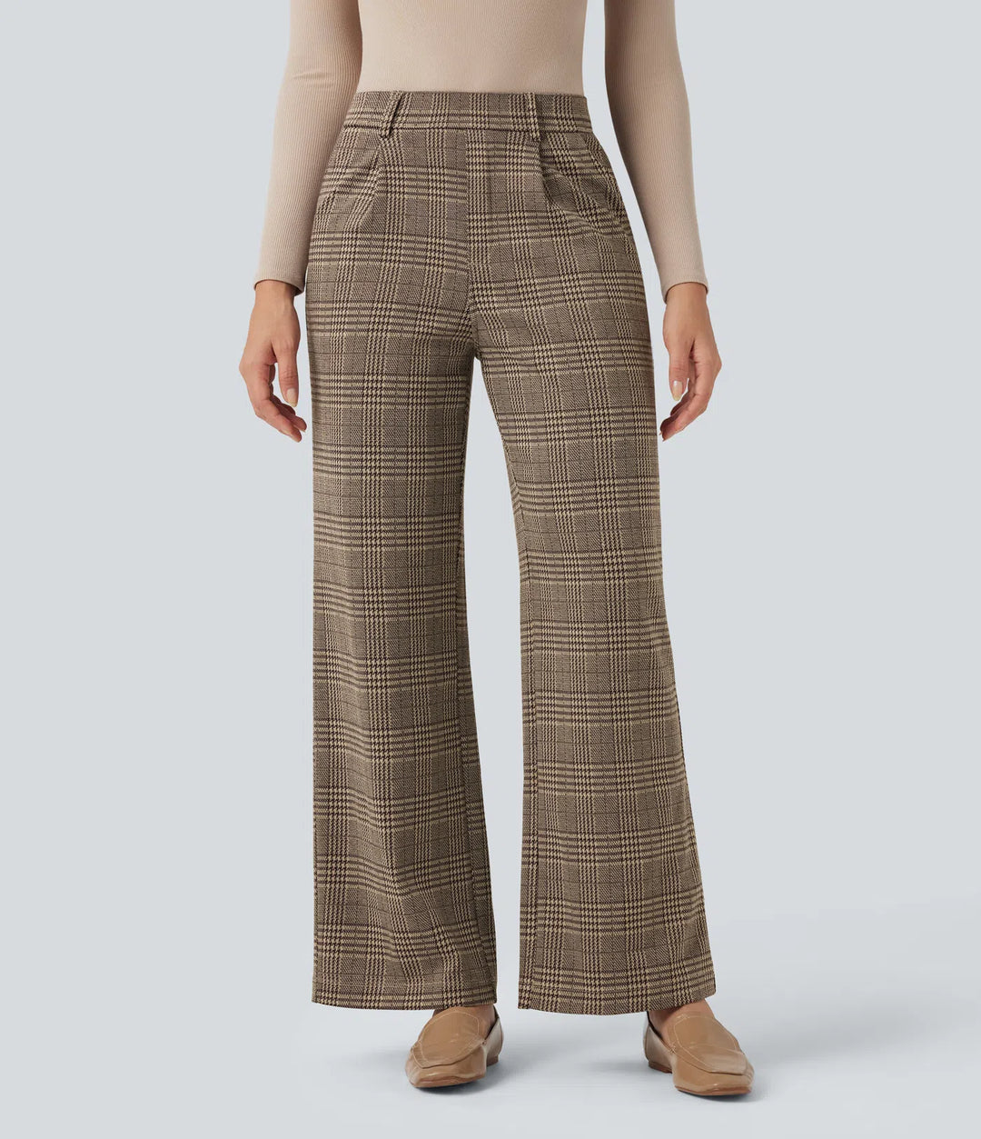 Halara Flex High Waisted Straight Leg Houndstooth Plaid Work Trousers with Pockets