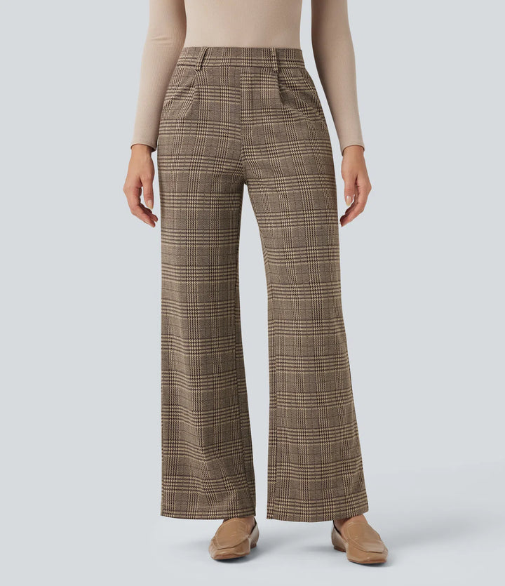 Halara Flex High Waisted Straight Leg Houndstooth Plaid Work Trousers with Pockets