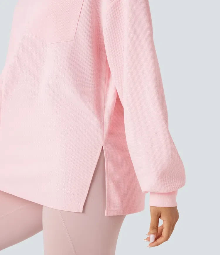 Round Neck Long Sleeve Split Hem Waffle Oversized Casual Sweatshirt with Pockets