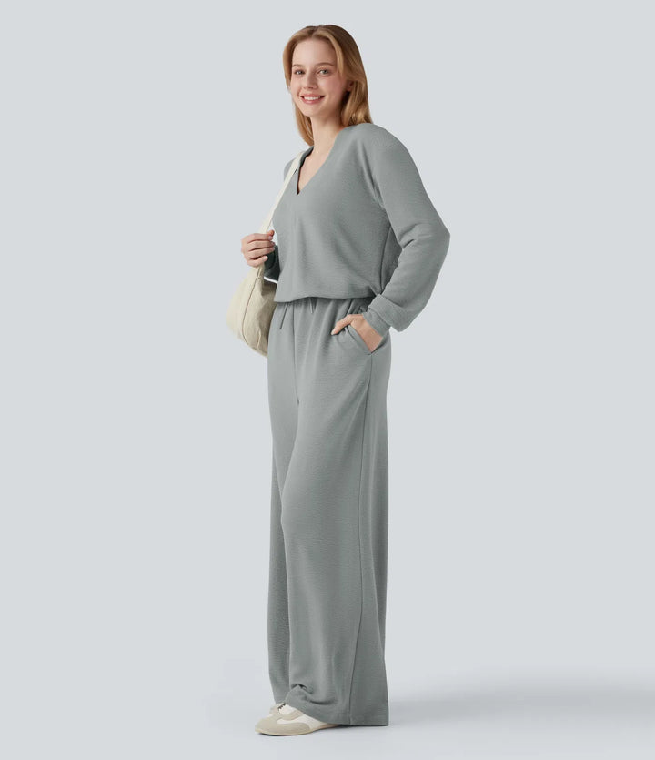 V-neck Long Sleeve Drawstring Casual Jumpsuit with Pockets-Easy Peezy