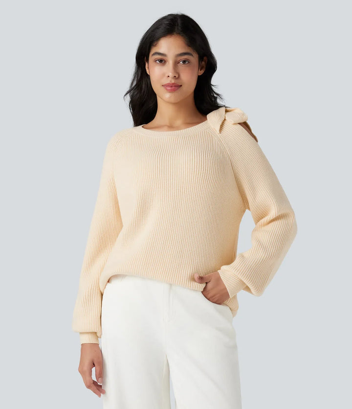 Round Neck Tie Side Long Sleeve Jumper Knit Casual Top