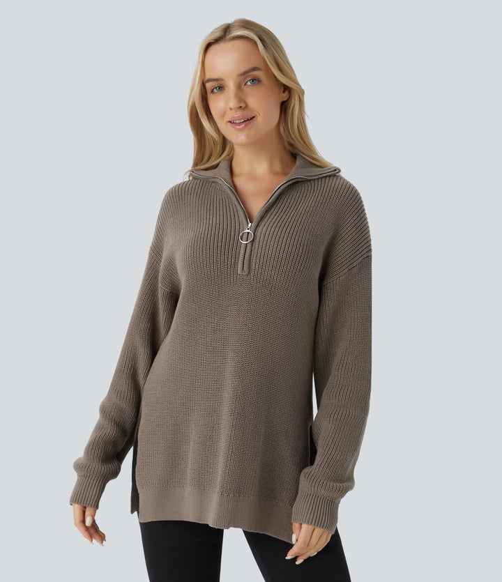 Funnel Neck Half Zip Long Sleeve Casual Jumper