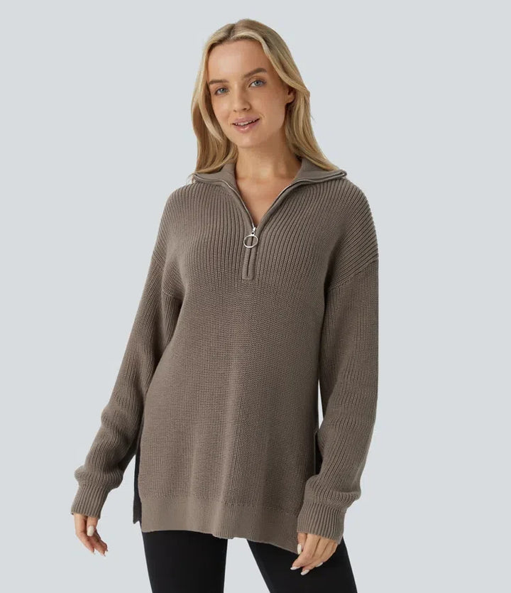 Funnel Neck Half Zip Long Sleeve Casual Jumper