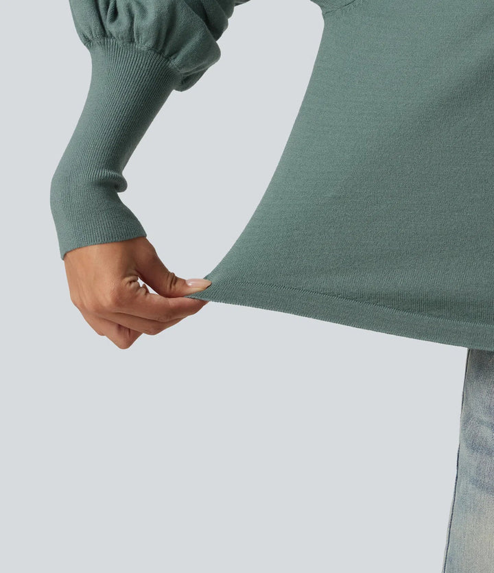 Henley Neck Puff Long Sleeve Relaxed Work Jumper