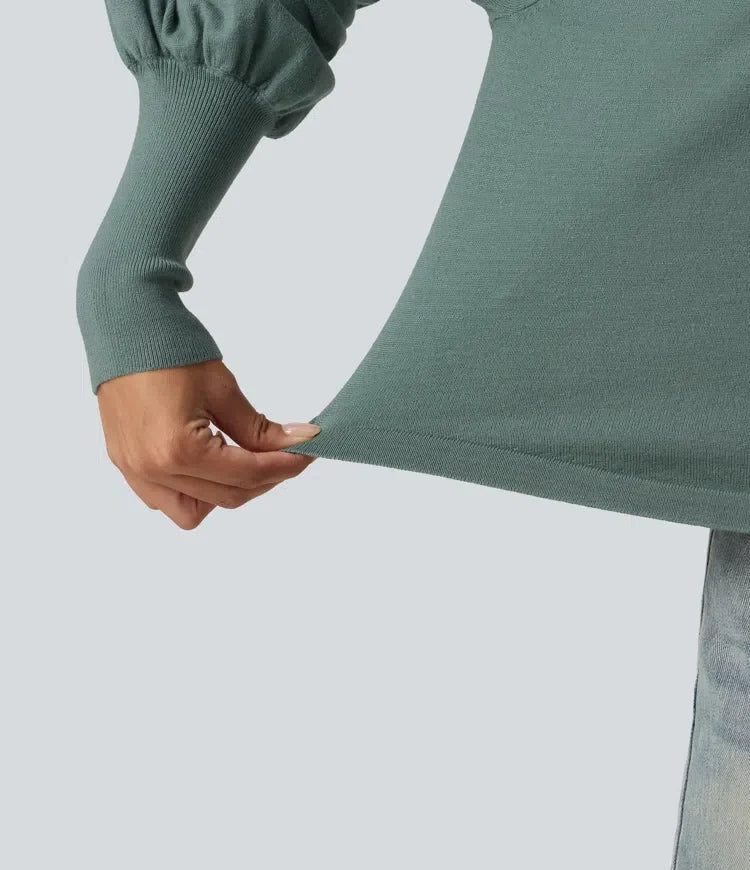 Henley Neck Puff Long Sleeve Relaxed Work Jumper