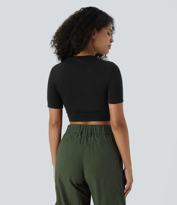 Round Neck Short Sleeve Ruched Skinny Cropped Casual T-Shirt