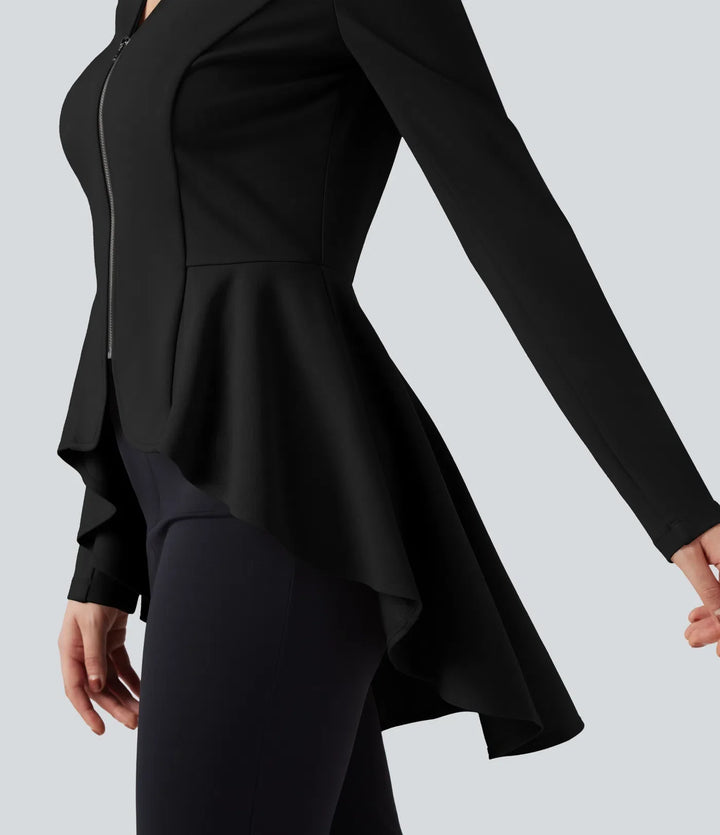 V Neck Long Sleeve Ruffe Hem High Low Work Coat