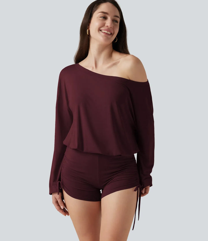 Long Sleeve Ruched Lace Up Lounge Romper -Easy Peezy Edition