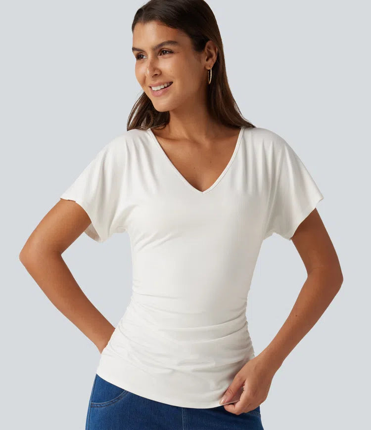 V-Neck Short Sleeve Ruched Slim Casual T-Shirt