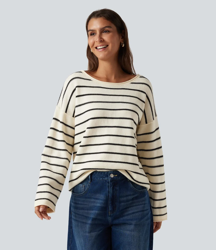 Boat Neck Long Sleeve Stripe Rolled Hem Oversized Casual Jumper