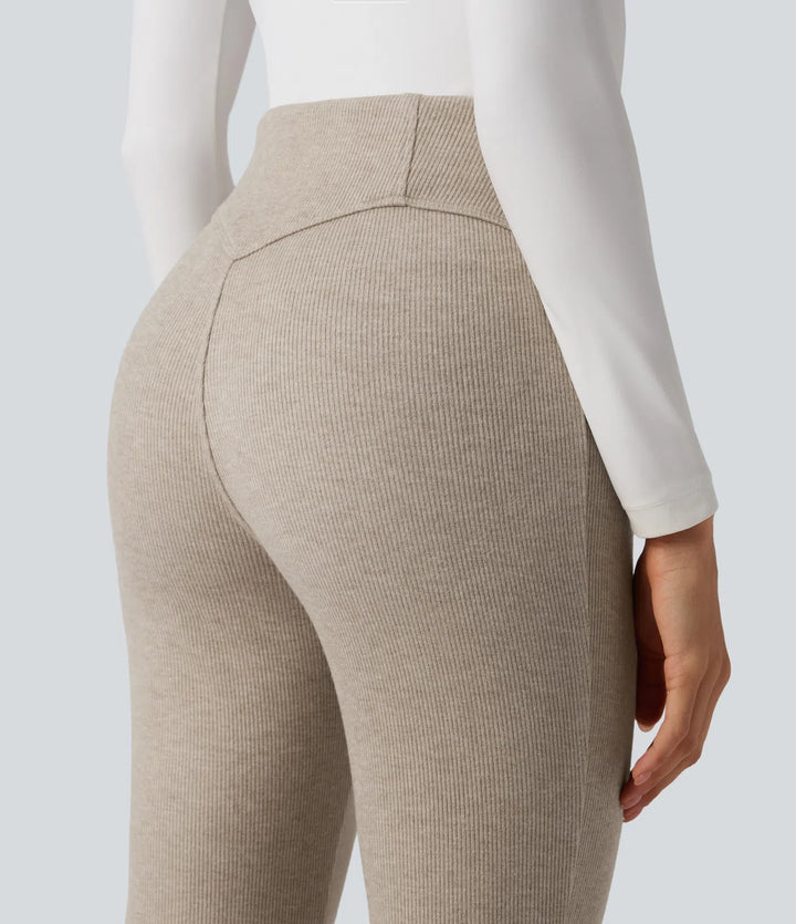 Ribbed High Waisted Tummy Control Casual Flare Trousers