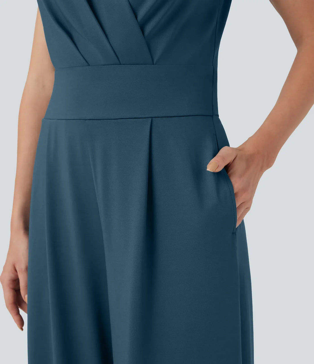 V-neck Sleeveless Pleated Crossover Tummy Control Casual Jumpsuit with Pockets-Easy Peezy