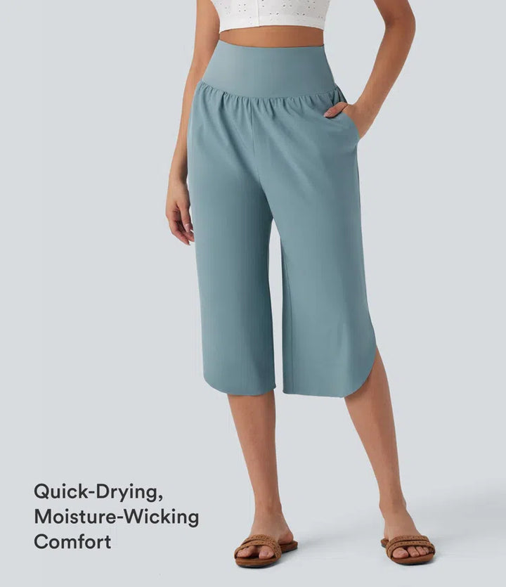 Breezeful High Waisted Tummy Control Hem Quick Dry Capri Trousers with Pockets
