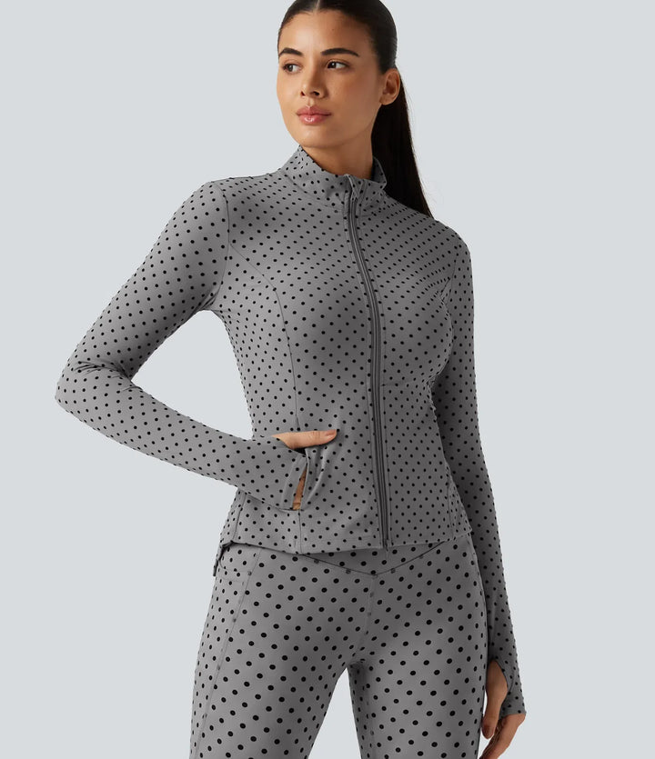 Halara UltraSculpt Stand Collar Long Sleeve Thumb Hole Pleated Polka Dot Yoga Jacket with Pockets
