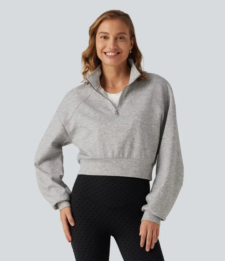 Stand Collar Half-Zip Raglan Long Sleeve Casual Cropped Sweatshirt