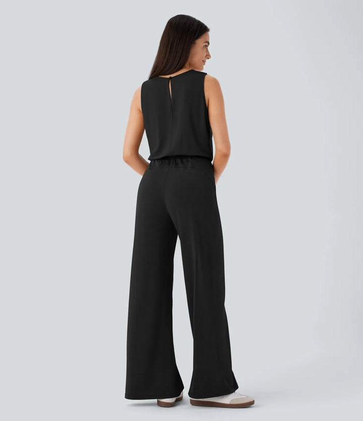 Round Neck Sleeveless Keyhole Back Drawstring Pocket Casual Jumpsuit
