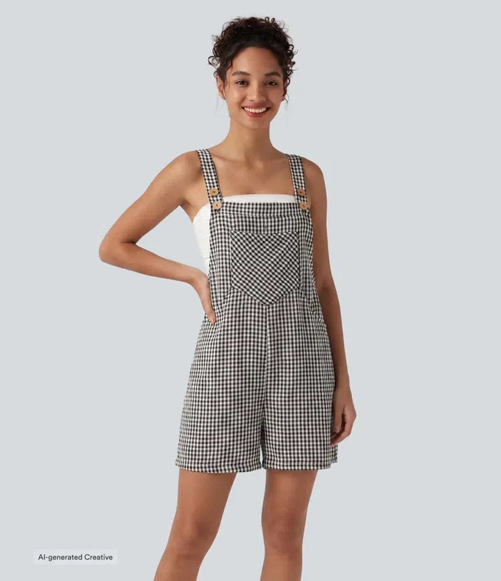Plaid Casual Linen-Feel Short Overalls with Pockets