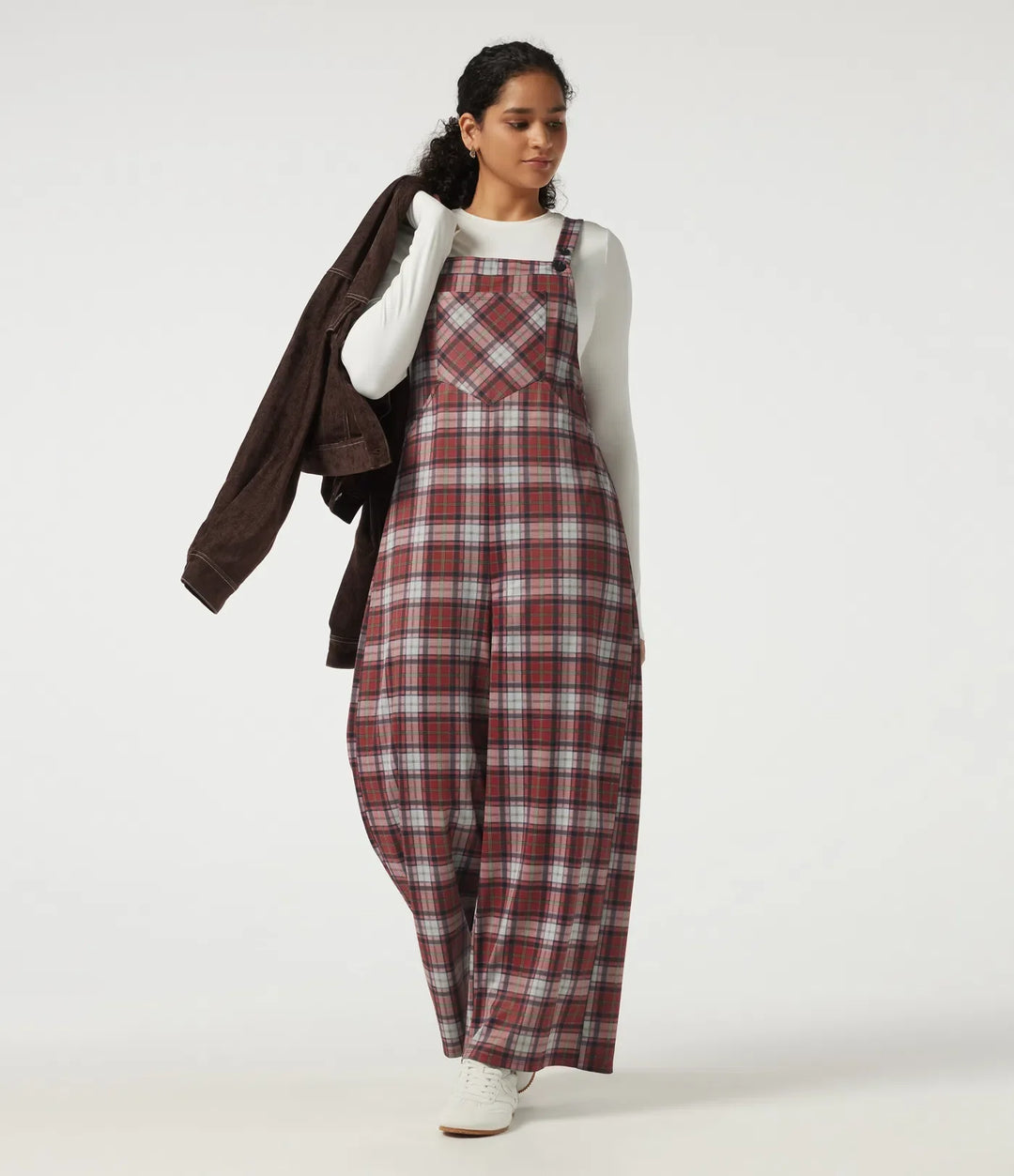 Square Neck Plaid Wide Leg Overalls with Pockets