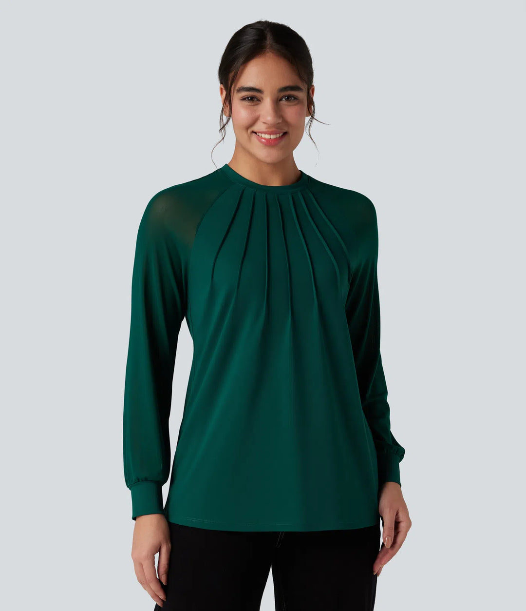 Round Neck Raglan Long Sleeve Contrast Mesh Casual Blouse