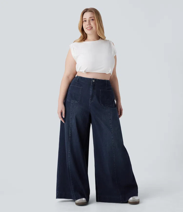 Halara Flex High Waisted Pockets Washed Casual Wide Leg Plus Size Jeans