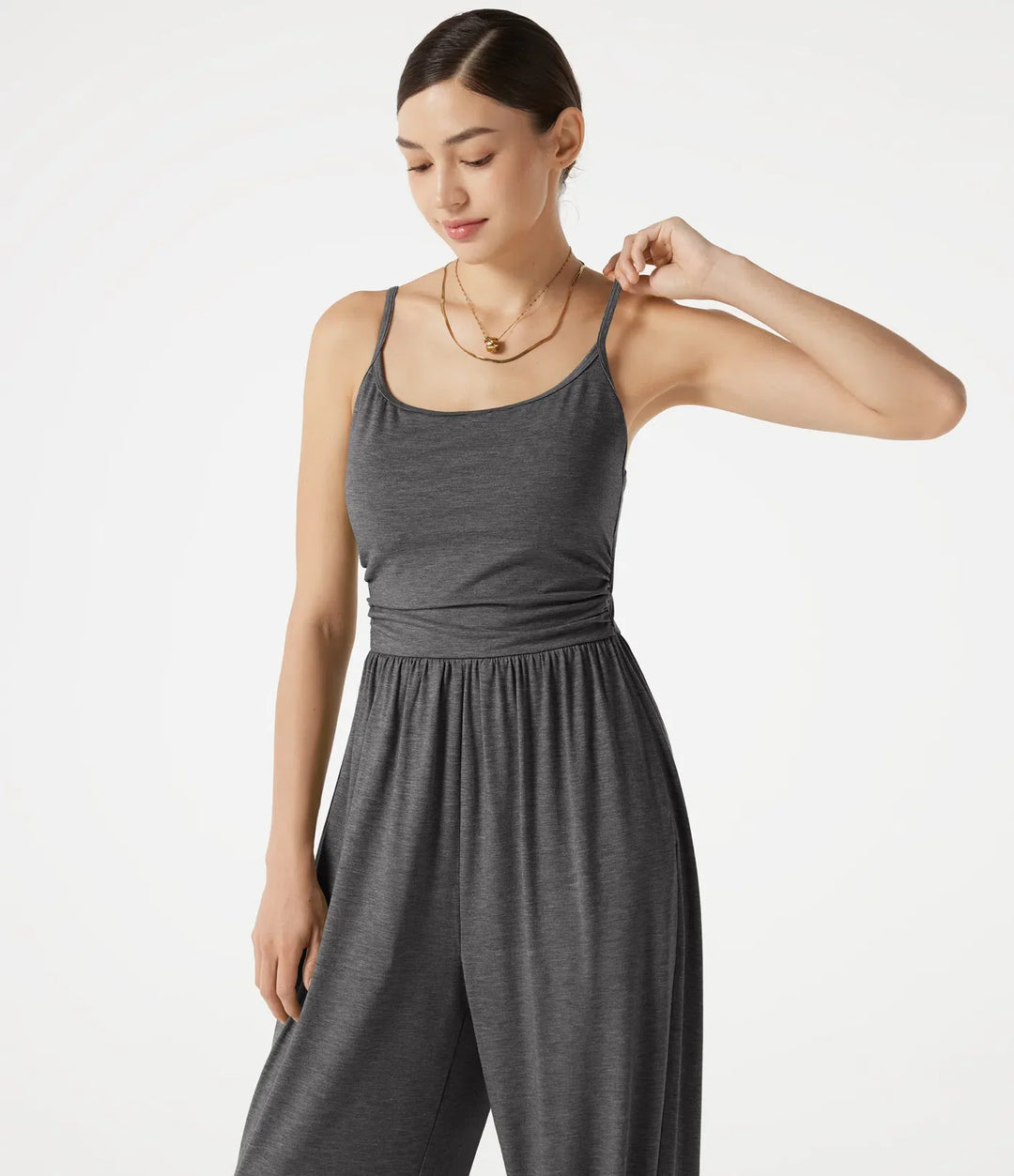 Adjustable Straps Ruched Built-in Bra Heathered Casual Jogger Jumpsuit with Pockets-Easy Peezy