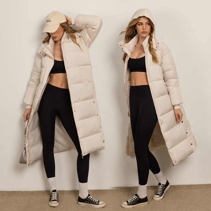 Hooded Long Sleeve Zipper Longline Casual Puffer Jacket with Pockets